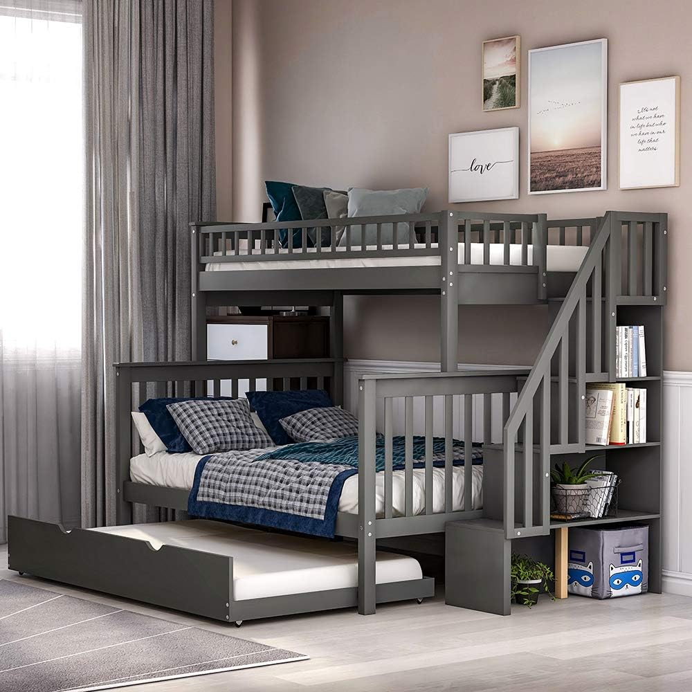 Twin Over Full Bunk Beds with Trundle, Rockjame Wood Space Saving Design Stairway Bunk Bed Frame with Storage, Convertible to 2 Separated Beds, Great for Kids and Teenagers (Gray)