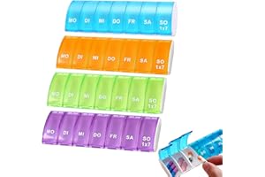 Pill Organizer Set - 4-Pack 7-Day Weekly Pill Box, Colorful (Orange, Green, Blue, Purple), 7 Compartments, Compact Design, Du
