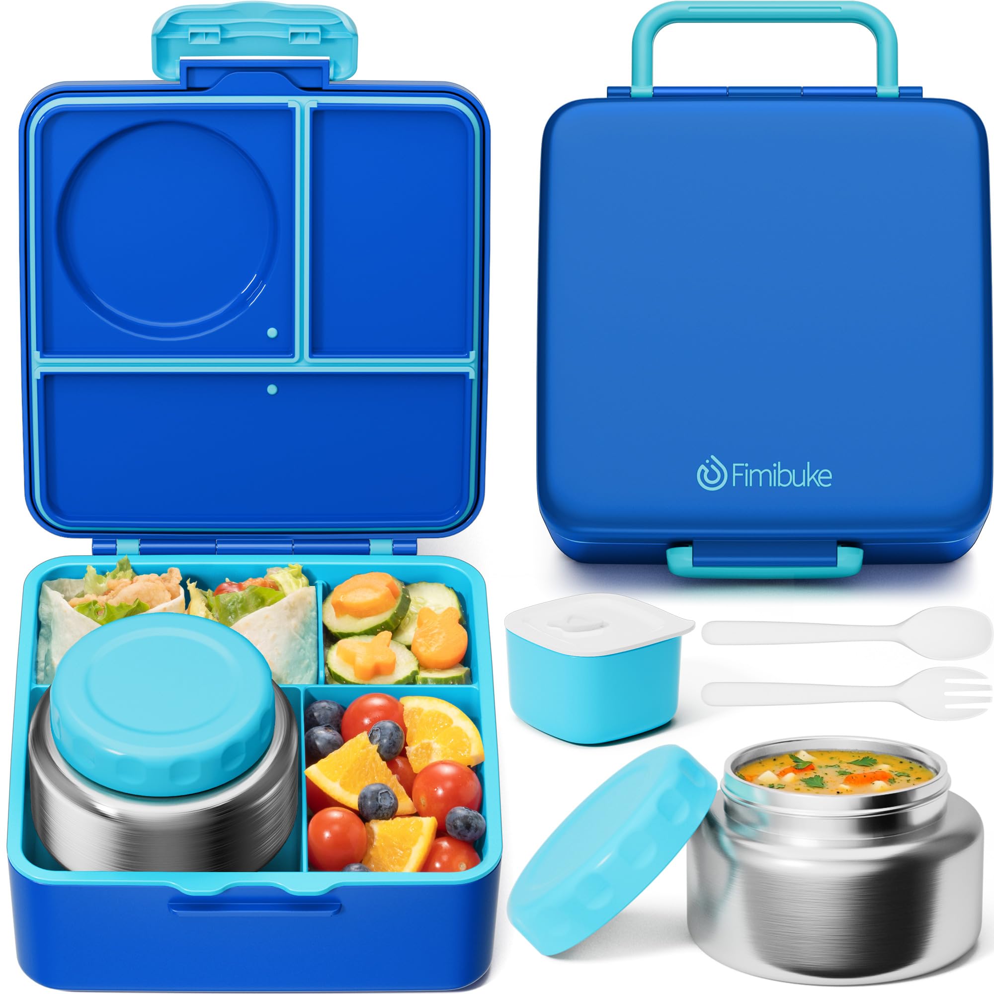 Photo 1 of Fimibuke Bento Box for Kids Adult, BPA Free & Leakproof Toddler Lunch Box with 8.5oz Insulated Thermos Food Jar, Utensils & Sauce Jar, Dishwasher Safe 3 or 4 Compartment Container for School Girl Boy