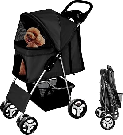 display4top Pet Travel Stroller Dog Cat Pushchair Pram 4 Wheels Black