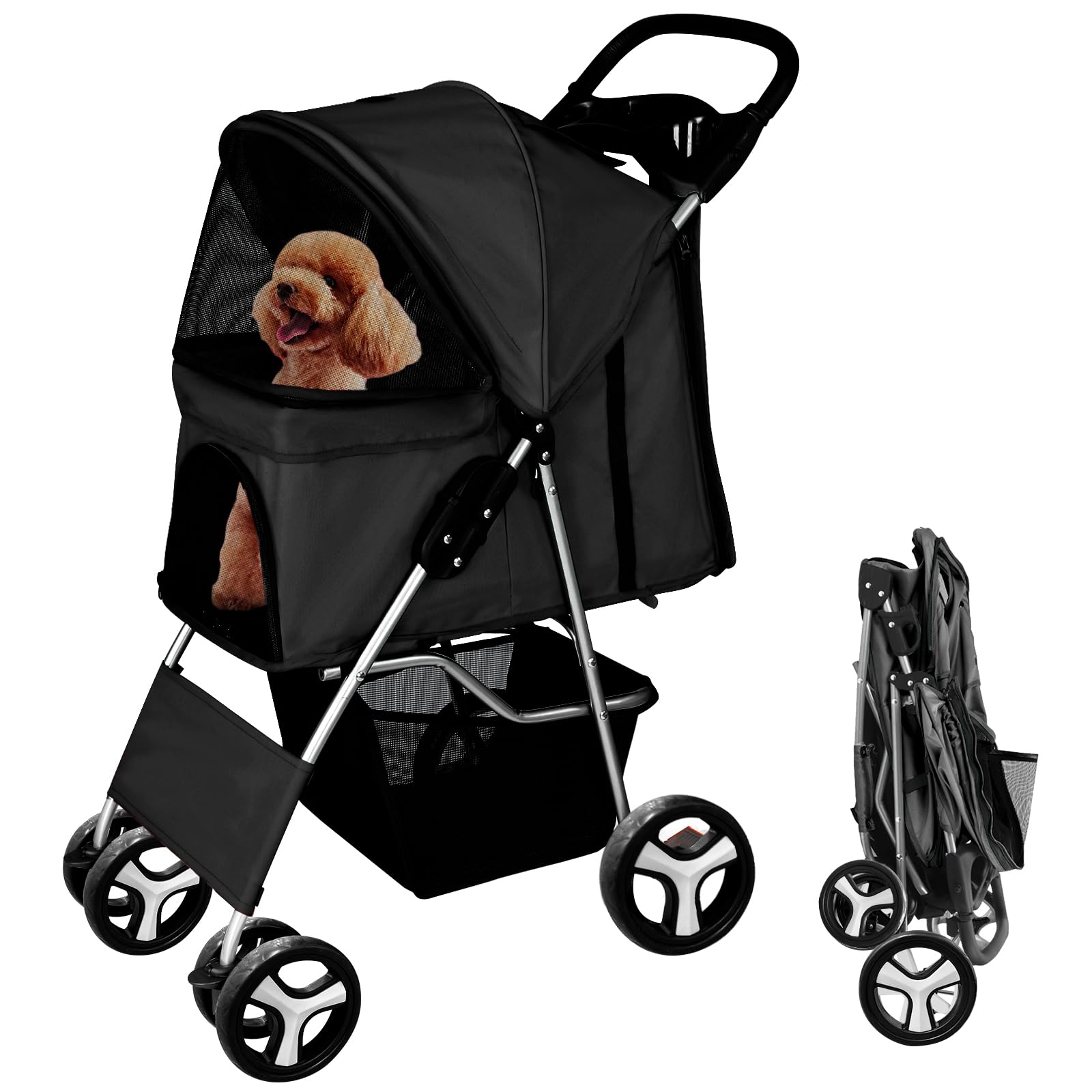 display4top Pet Travel Stroller Dog Cat Pushchair Pram Jogger Buggy with 4 Wheels (Black)