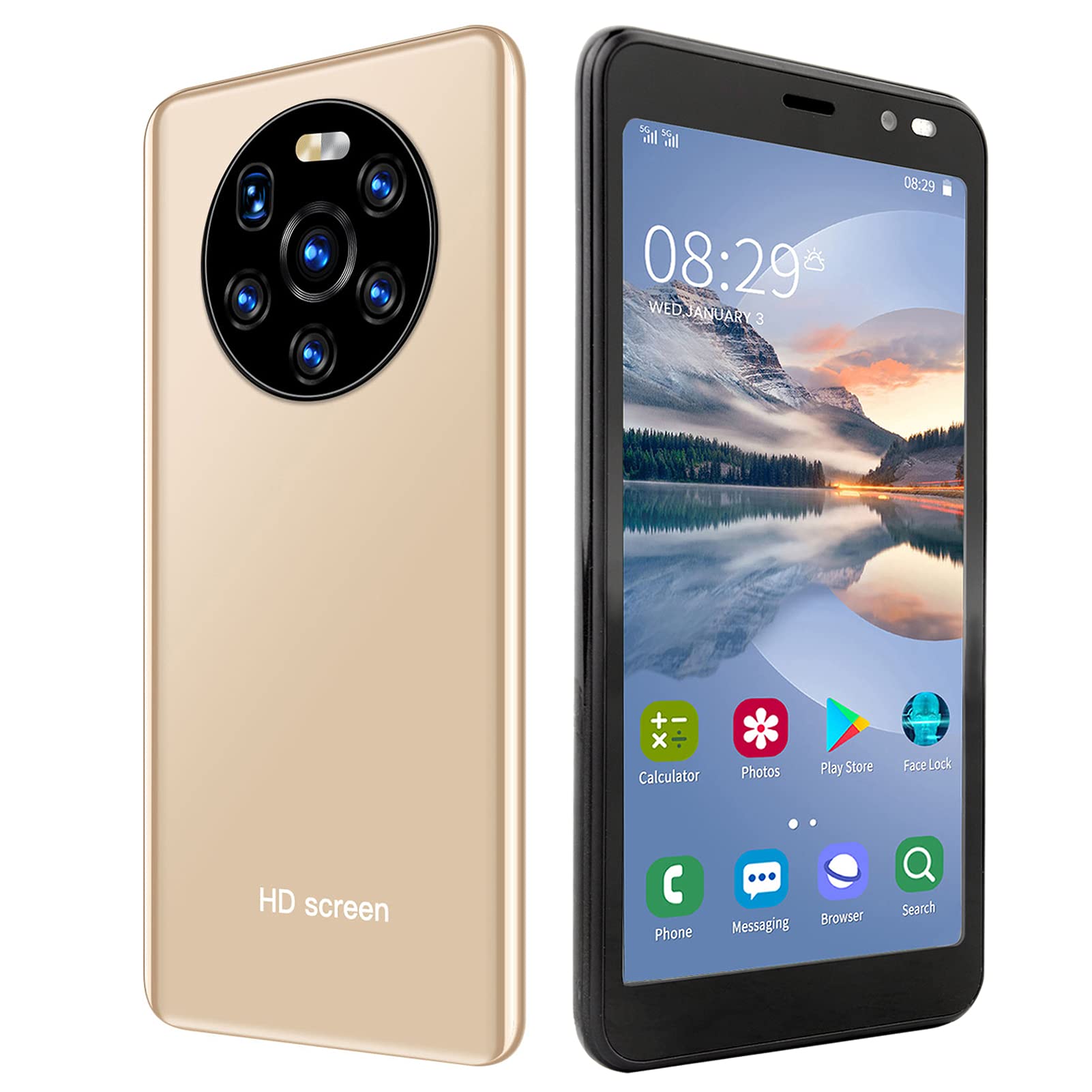 5.45in HD Full Screen Cell Phones, Mate40 Pro Dual Card Dual Standby Smartphones, 512MB+4GB Android4.4.2 Smart Phone, MTK6572 DualCore CPU, Face Recognition Unlocking(Gold)
