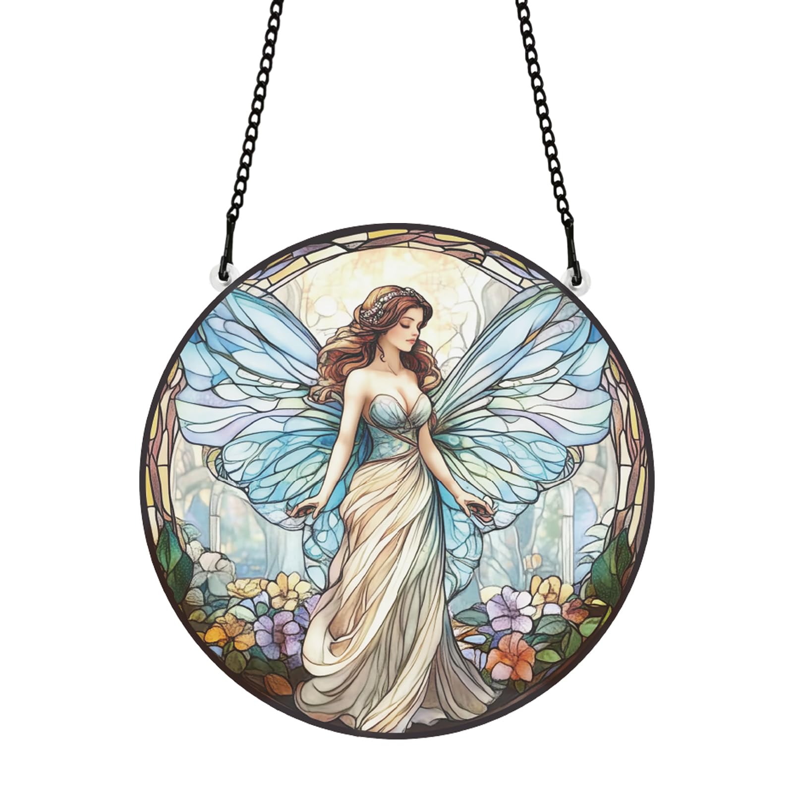 PLIGREAT Painted Flower Fairy Stained Suncatcher Window Wall Art Hanging Ornament Colorful Flowers Acrylic Light Catcher Art Crafts for for Garden Home Indoor Outdoor Hanging Decor
