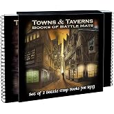 Loke Towns and Taverns Books of Battle Mats | Modular Fantasy RPG Map Book Set with Lay-Flat Wipe-Clean Pages, Dual Slipcase for DnD Pathfinder and Tabletop RPGs