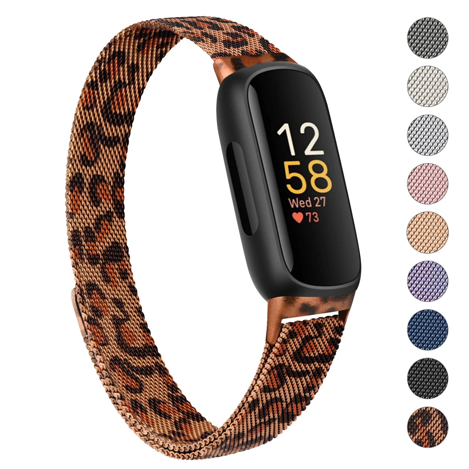 Vancle Strap compatible with Fitbit Inspire 3 Straps for Women Men, Stainless Steel Mesh Loop Adjustable Wristband Replacement Band (Leopard) — image 1