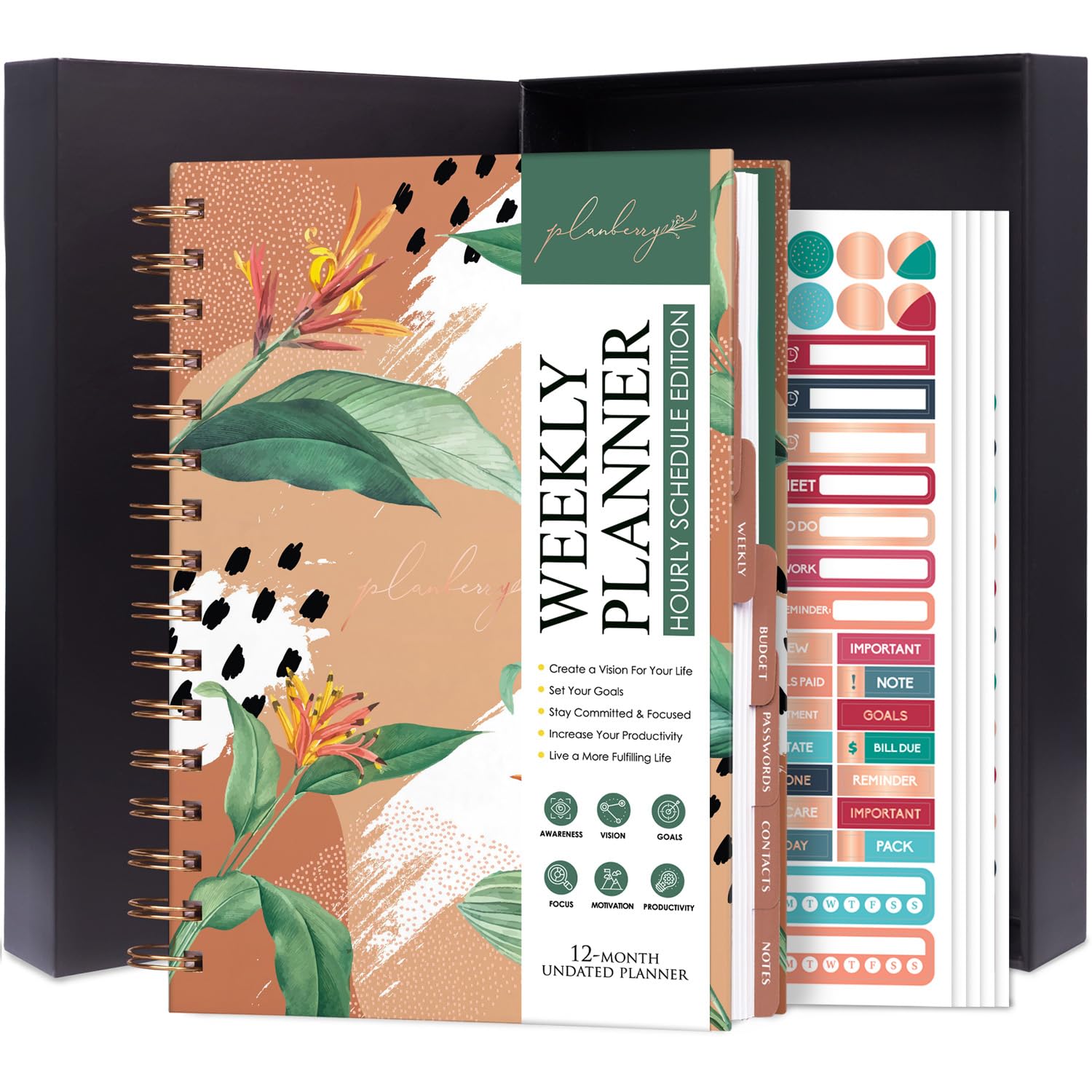 PLANBERRY Hourly Schedule Planner Premium – Undated Journal with Time Slots for Productivity & Budget Organizer, 17.5x21.6cm (African Terracotta)