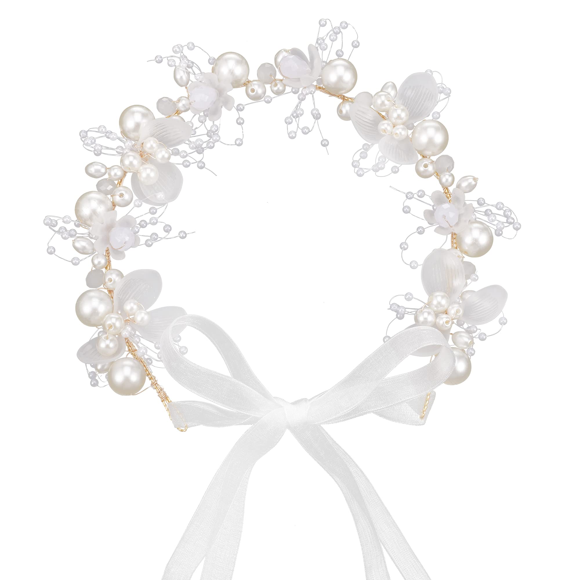 SUSSURRO Head Piece Flower Girl Headband, Head Vines, Gold Pearl Headband, Pearl and Evening Party Flower Crown Headpiece, Princess Crystal Girl Hair Accessories