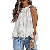 SweatyRocks Women's Halter Ruffle Flowy Top Sleeveless Ruched Sheer Tie Back Tanks Blouse