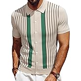 Les umes Men's Knit Polo Shirts Short Sleeve Button Down Shirts Striped Summer Beach Casual Shirt