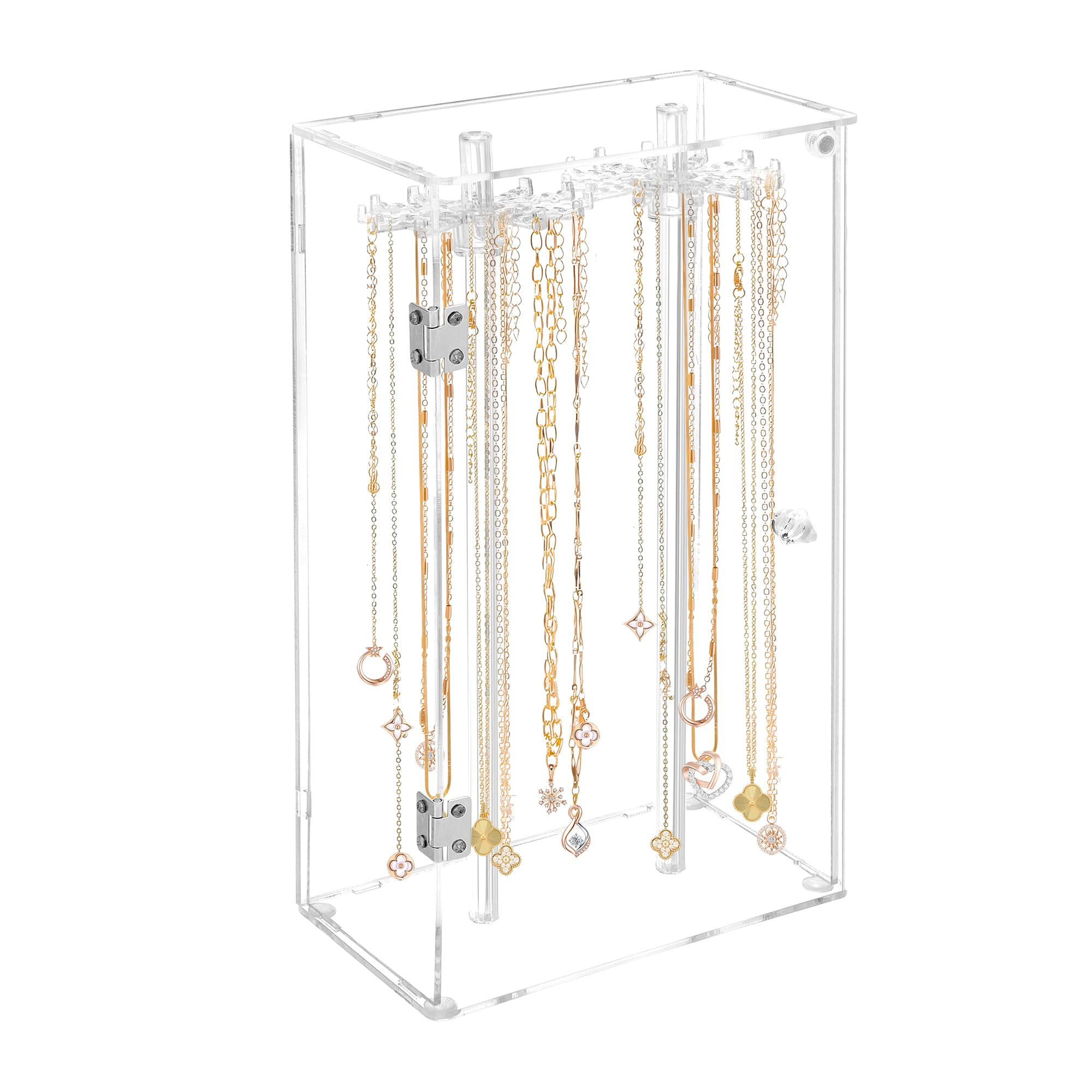 YKUKIZEE Acrylic Necklace Holder Box Dustproof, Clear Acrylic Necklace Display Stand with 24 Hooks, Rotatable Acrylics Necklaces Organiser Storage Holder for Long Jewellery Bracelet Earring Pendant