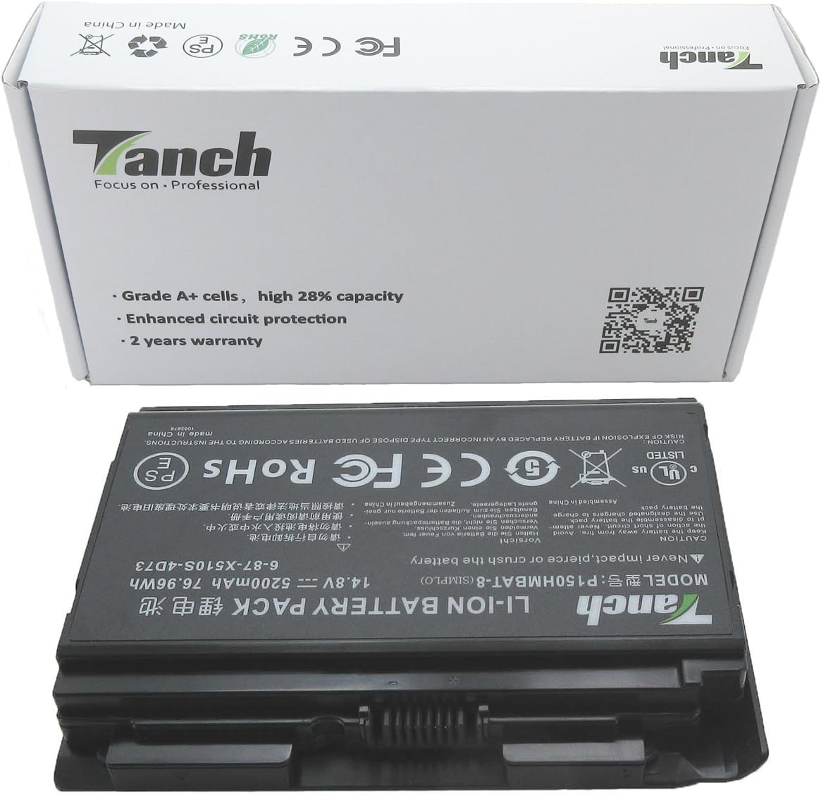 Tanch Laptop Battery for Clevo 6-87-X510S-4D73, 6-87-X510S-4D74, 6-87-X510S-4J7, 6-87-X510S-4J72, P150HMBAT-8,NP8268-S,P150SM,14.8V, 5200mAh, 76.96Wh