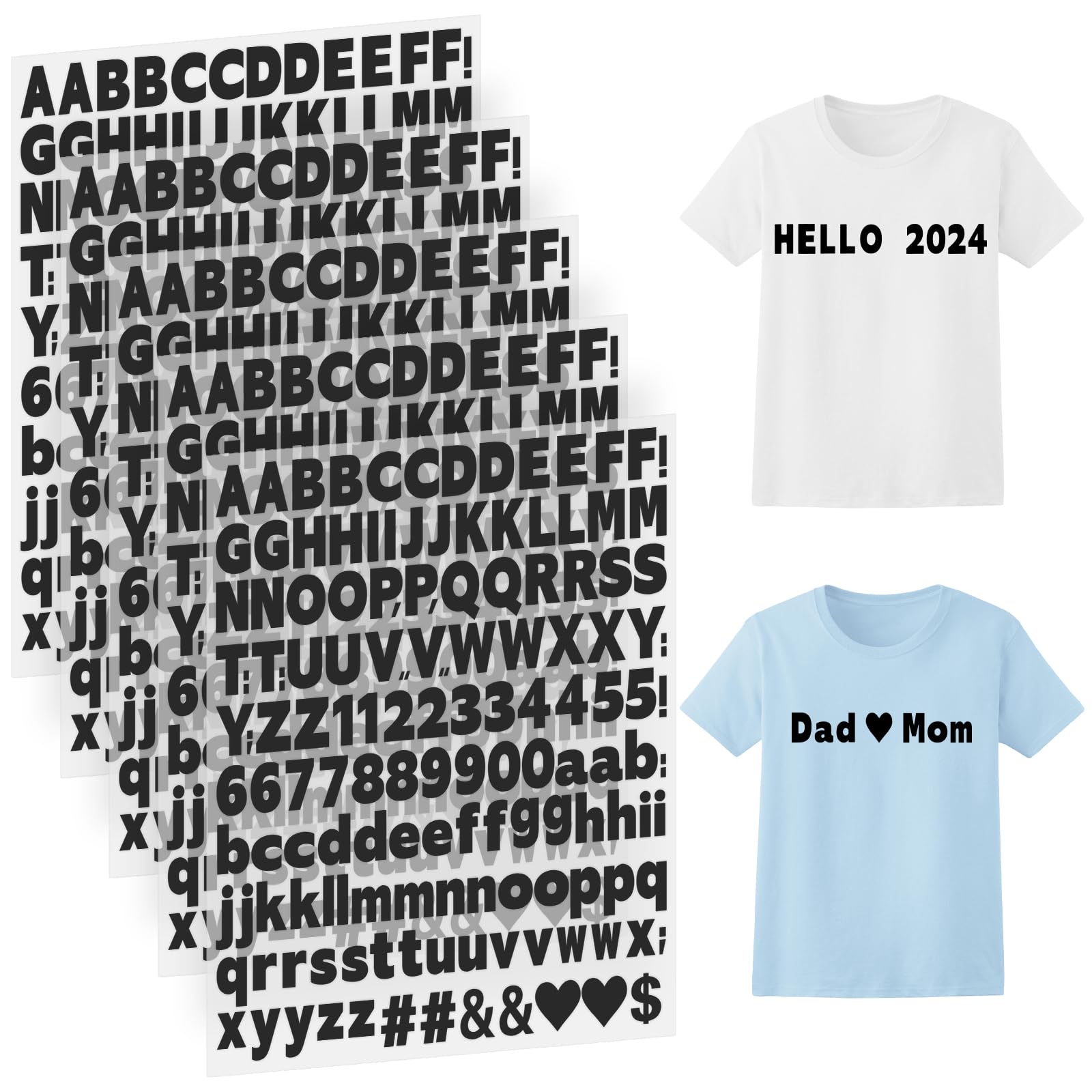 Photo 1 of 1 Inch Iron on Letters and Numbers for Clothing, 5 Sheets 755 Pieces Vinyl Heat Transfers Letters with A-Z and 0-9 Iron on Letters for Fabric Numbers Alphabet Sticker for T-Shirt Designs DIY Craft