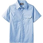 QBK Boys' Cotton Linen Short Sleeve Classic Button Down Shirts Boys Dress Shirt with Chest Pocket for 2T-16 Years