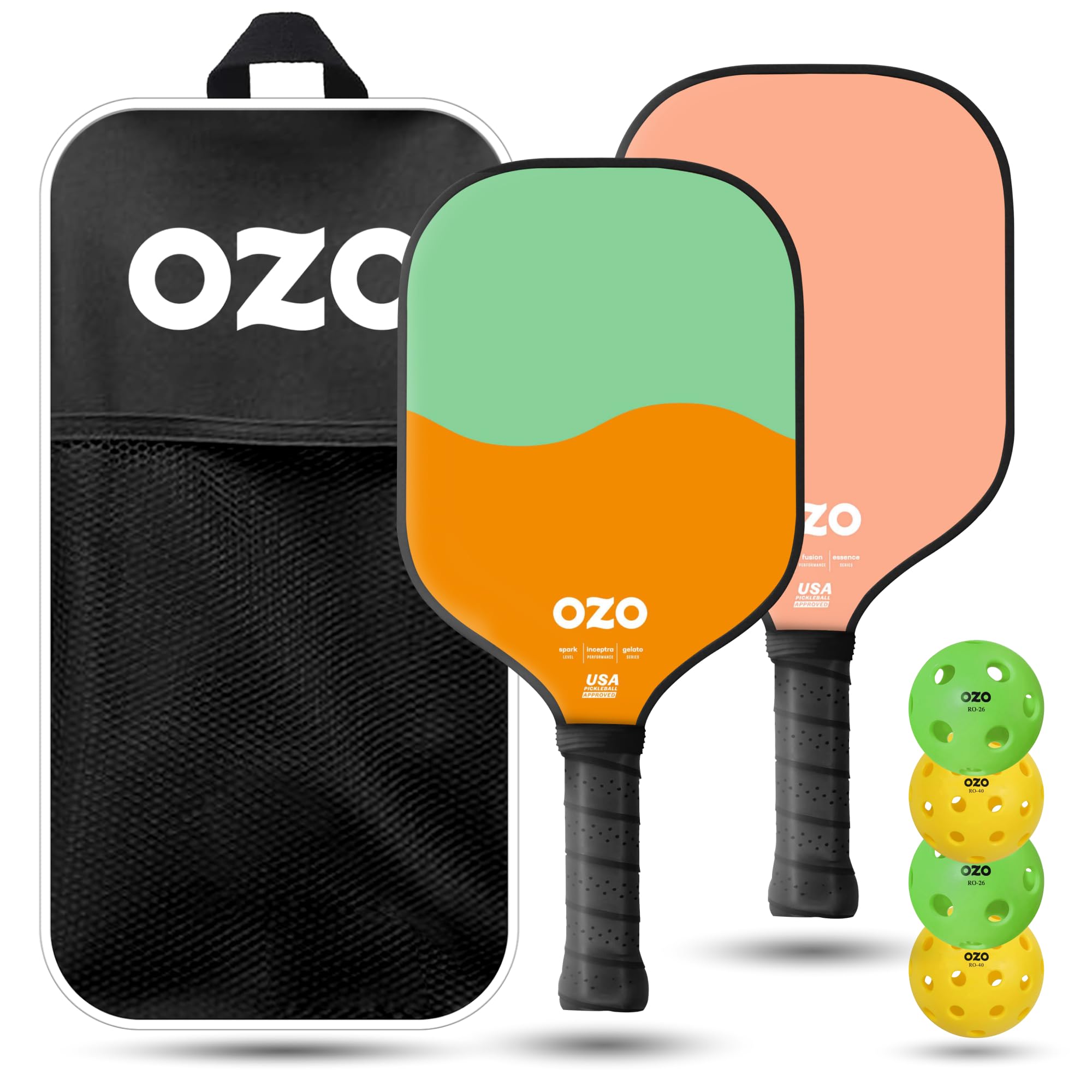OZO Pickleball - Set of 2 paddles + 4 balls - Spark Fusion Essence + Spark Inceptra Gelato + Indoor & Outdoor Balls + Bag, Pink + Pistachio & Melon