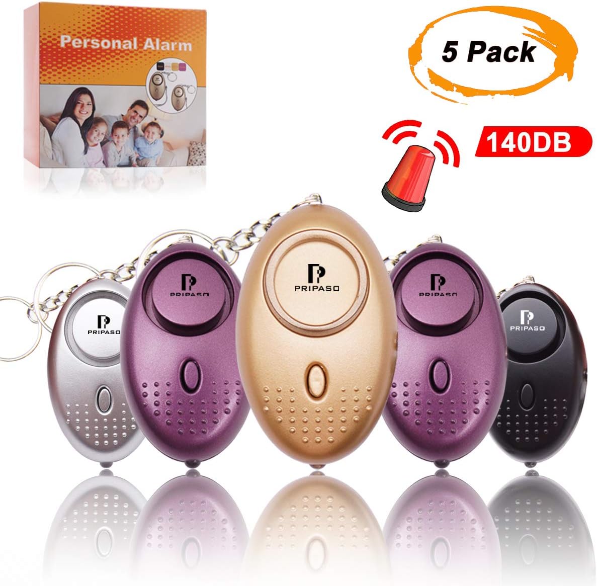PRIPASO Safe Sound Personal Alarm, 5 Pack Emergency Self-Defense Security Alarm Keychain with LED Lights,140DB Safesound Personal Alarm for Women, Men, Children, Elderly