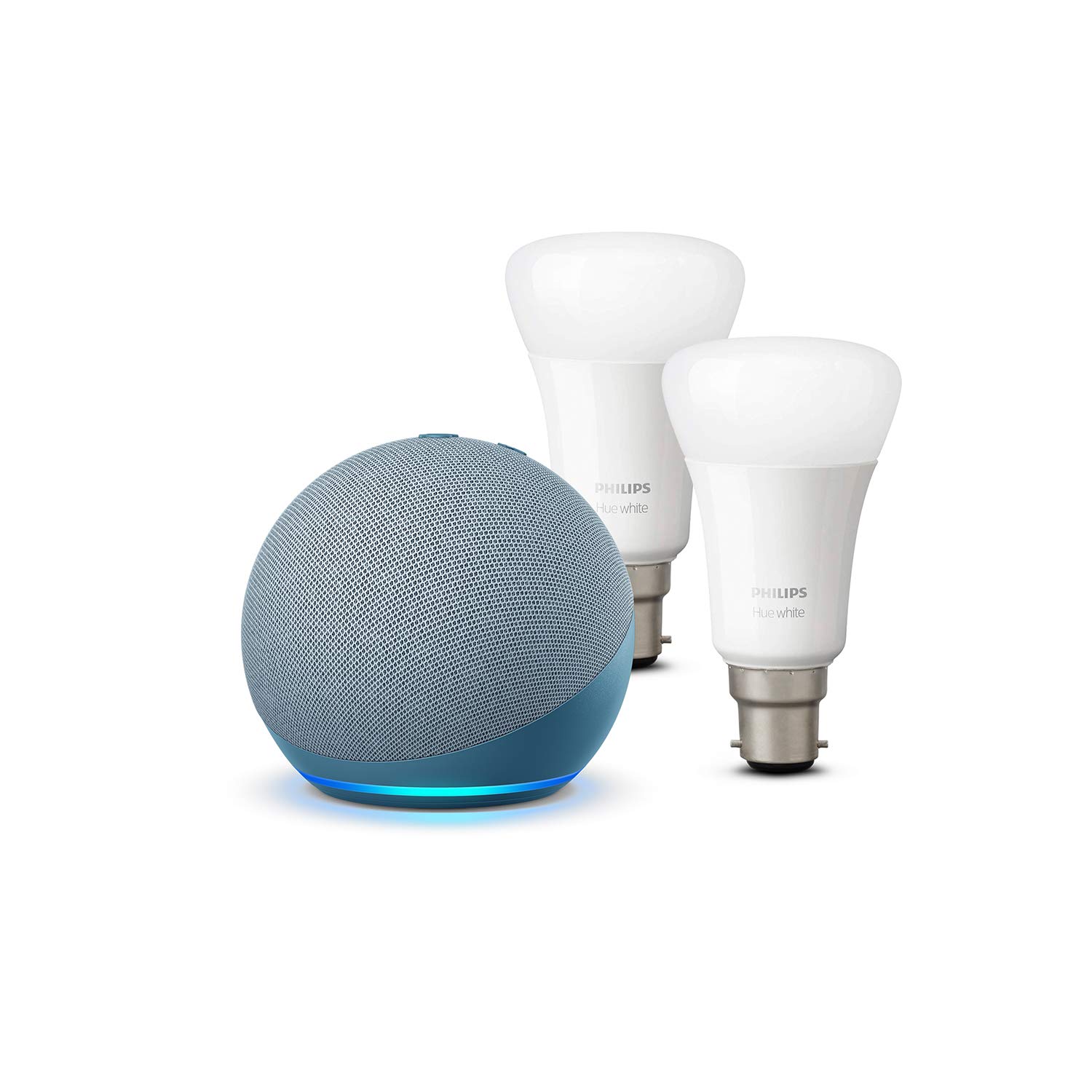 Echo Dot (4th generation), Twilight Blue + Philips Hue White Smart Bulb Twin Pack (B22), Works with Alexa - Smart Home Starter Kit