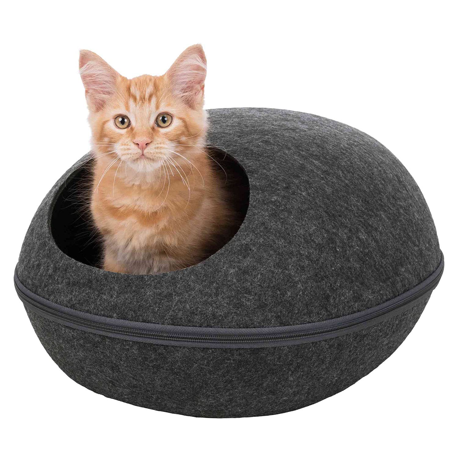 TRIXIE Liva Cat Cave – cosy cat cave made of breathable felt in anthracite – round cat-bed with plush cushion, removable cover – 40 × 24 × 47 cm – 36319
