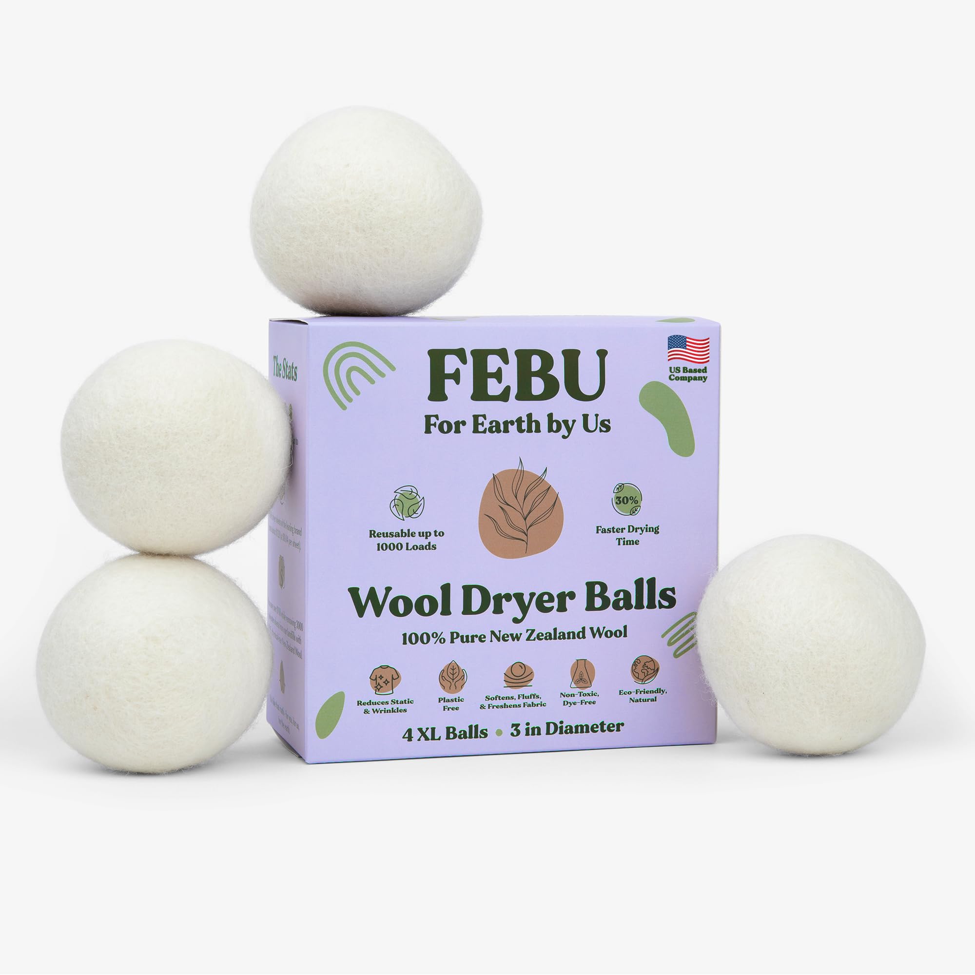 FEBU Wool Dryer Balls, 6-Pack, XL | 100% New Zealand Wool | Natural, Reusable Fabric Softener | Alternative to Dryer Sheets | Reduces Wrinkles, Shortens Drying Time, Zero Waste