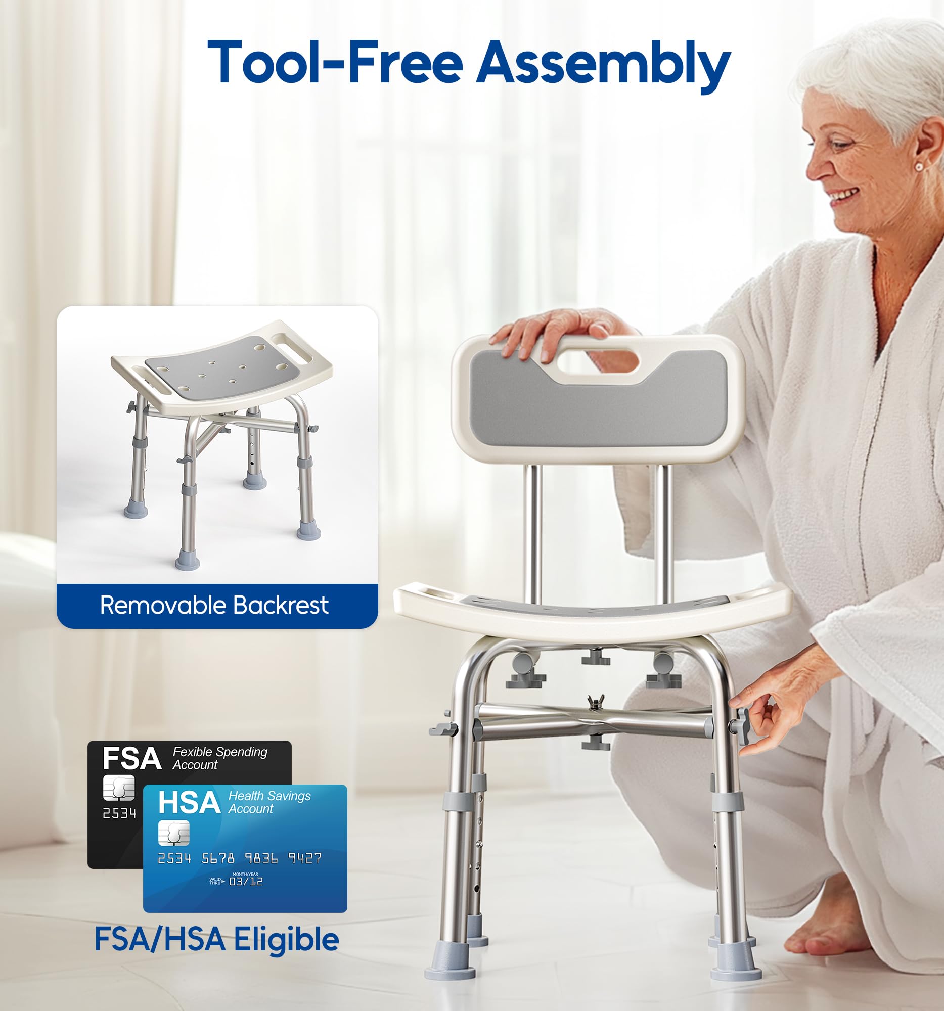 Shower Chair with Back for Elderly and Disabled, Shower Seat Bench Stool, Adjustable Height, 350 lbs Capacity, FSA/HSA Eligible, Rectangular