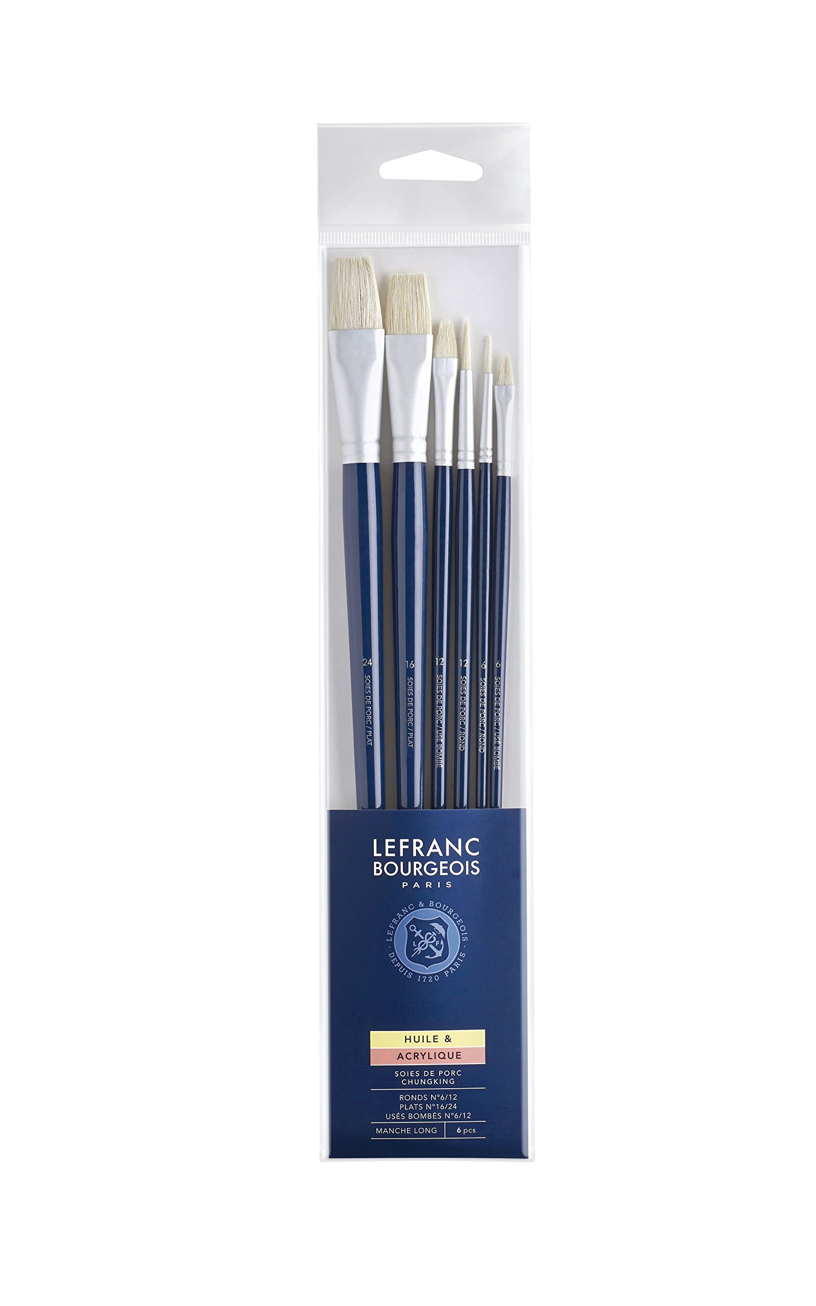 Lefranc Bourgeois – Set of 3 Brushes Hog Bristle Long Handle Rond N°6/12 PLAT N°16/24 USÉ BOMBÉ N°6/12