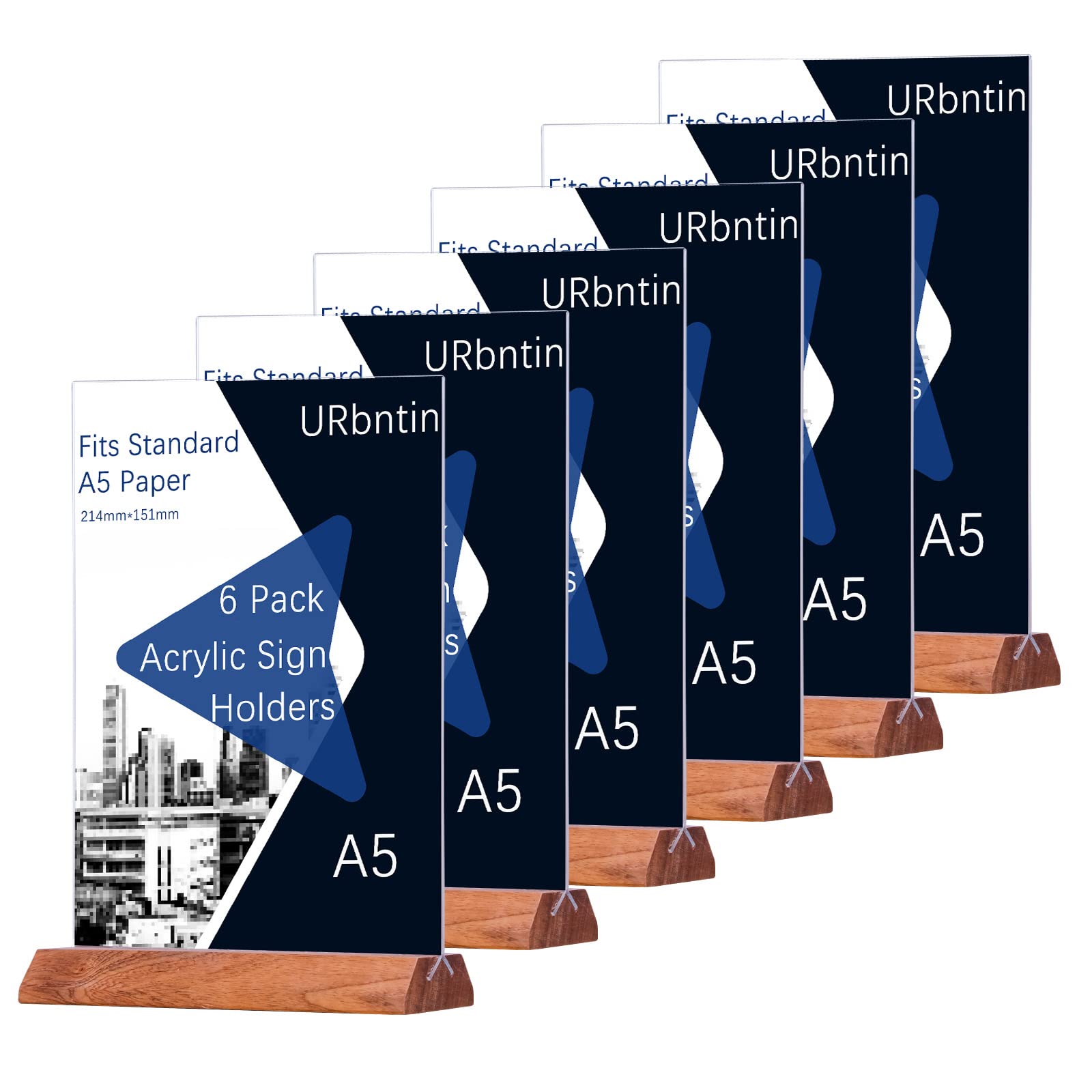 URbantin A5 Acrylic Sign Holder,6 Pack T-Shape Wooden Base Menu Holders,Plastic Display Stands Double Sided Poster Holder for Restaurant