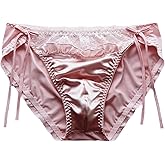 Erlemetes Women's Sexy Satin Panties Lace Silk Underwear Luxury Low Waist Side Tie Panty Breathable String Bikini Briefs