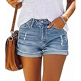 Magritta Denim Shorts for Women Mid Waisted Folded Hem Ripped Jean Shorts