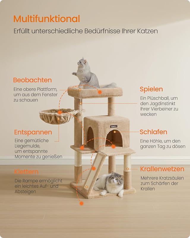 Kratzbaum, 96 cm hoch, mit großer Plattform, Katzenhöhle