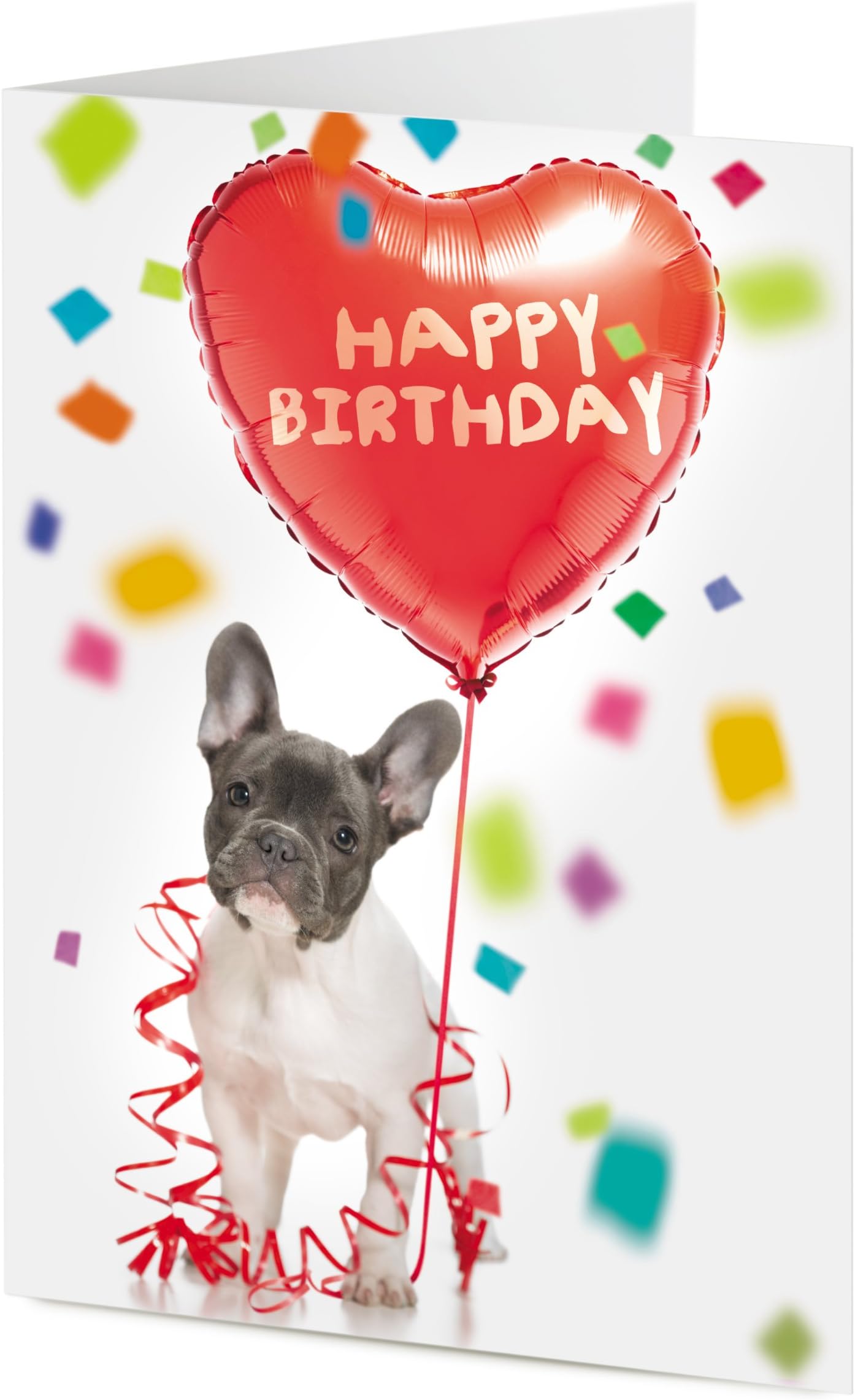 Cute French Bulldog Puppy Holding a red Heart Balloon 'Happy Birthday' Birthday Card