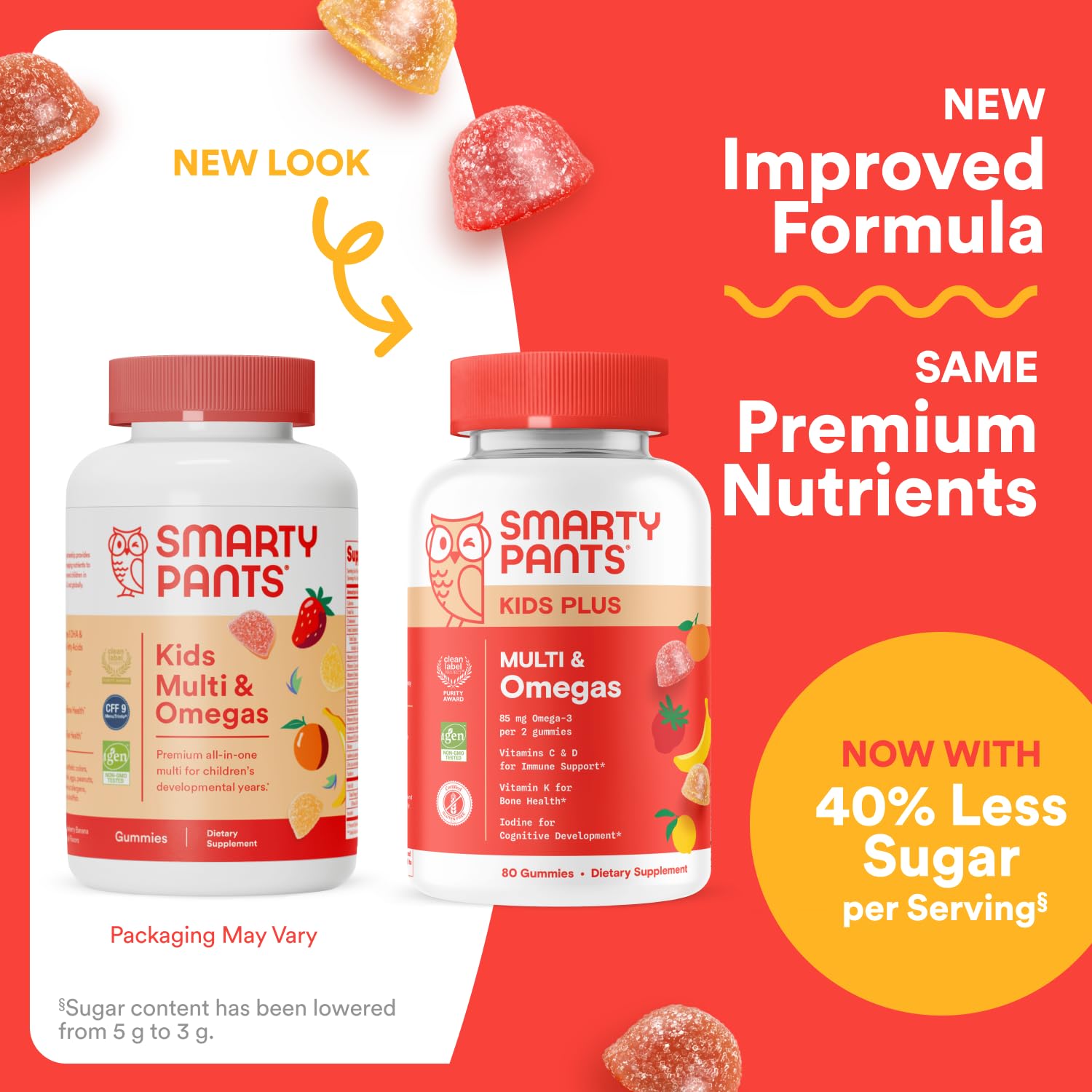 SmartyPants Kids Multivitamin Gummies - Improved Formula: Omega 3 (DHA/EPA), Vitamins D3, C, B12, B6, Vitamin A, K & Zinc, Gluten Free, Three Fruit Flavors, 80 Count (40 Day Supply)