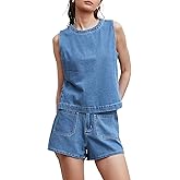Kedera Summer Denim Set for Women 2 piece Casual Sleeveless Boxy Shirt Tops and Shorts Pants Lounge Sets Outfits