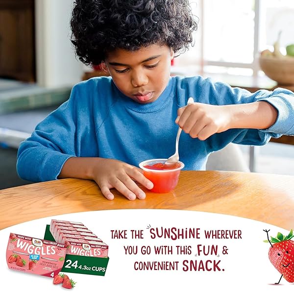 DOLE WIGGLES NO SUGAR ADDED STRAWBERRY FRUIT JUICE GELS SNACKS, 4.3OZ 4 TOTAL CUPS, GLUTEN & DAIRY FREE, BULK LUNCH SNACKS FOR KIDS & ADULTS