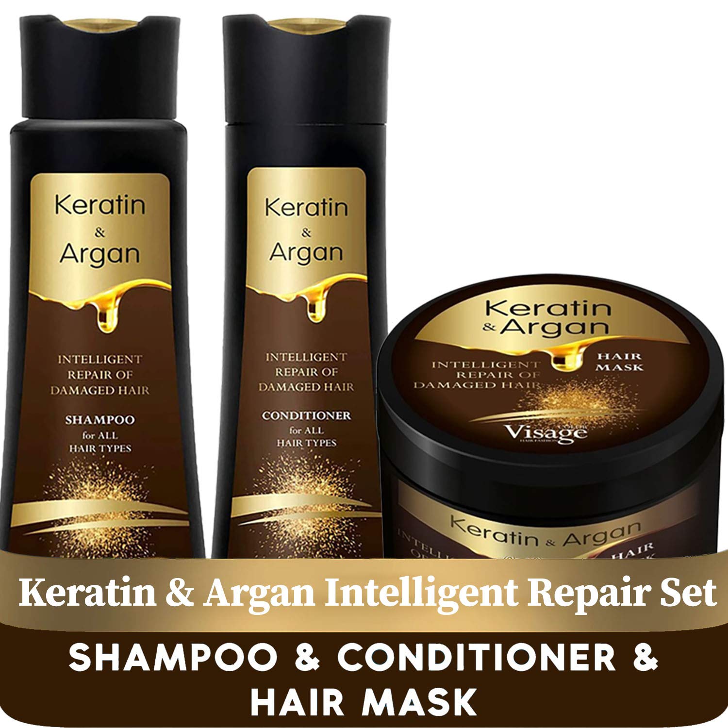 Visage Professional Hair Set | Hair Mask 500 ml + Shampoo 250ml + Conditioner 250ml with Biomimetic Keratin & Argan oil | Intelligent Repair of Damaged Hair | Deep Moisturising | for All Hair Types