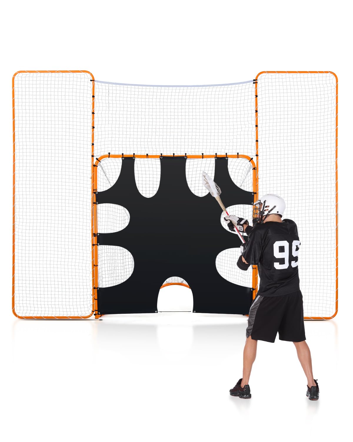 Photo 1 of VEVOR 3-in-1 Lacrosse Goal, 12x9 ft Lacrosse Net with Backstop and Target, Quick & Easy Setup Backyard Rebounder Equipment, Steel Frame Training Nets, Suitable for Youth Adult Training, Orange