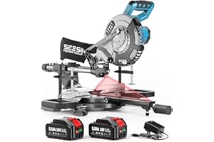 SEESII Sliding Compound Miter Saw: Cordless Power Miter Saw with Laser Guide 8-Inch, 2 * 5000 mAh Batteries, Single Bevel 45°, 24T TCT Blade, Max Cut 2.5×12-inch, Ideal for DIY & Woodworking