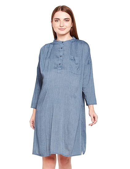 Women's Round Neck Viscose 3/4th Sleeves Maternity A-Line Dress (Blue)