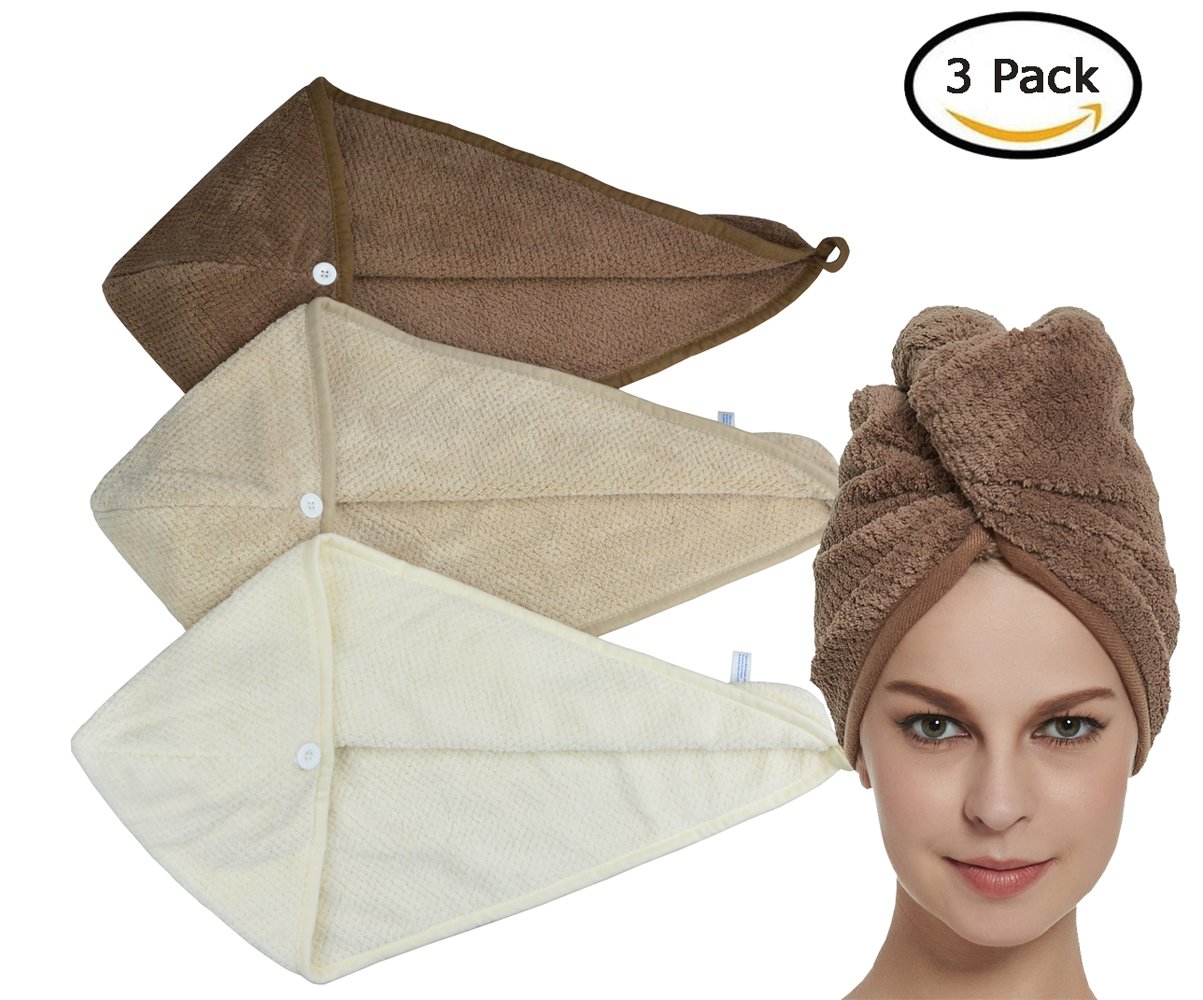 HOPESHINE Women's Soft Shower Hair Drying Towels Twist Hair Turban Wrap Drying Cap Great Gift for Women (Brown+Khaki+Off White) : Beauty