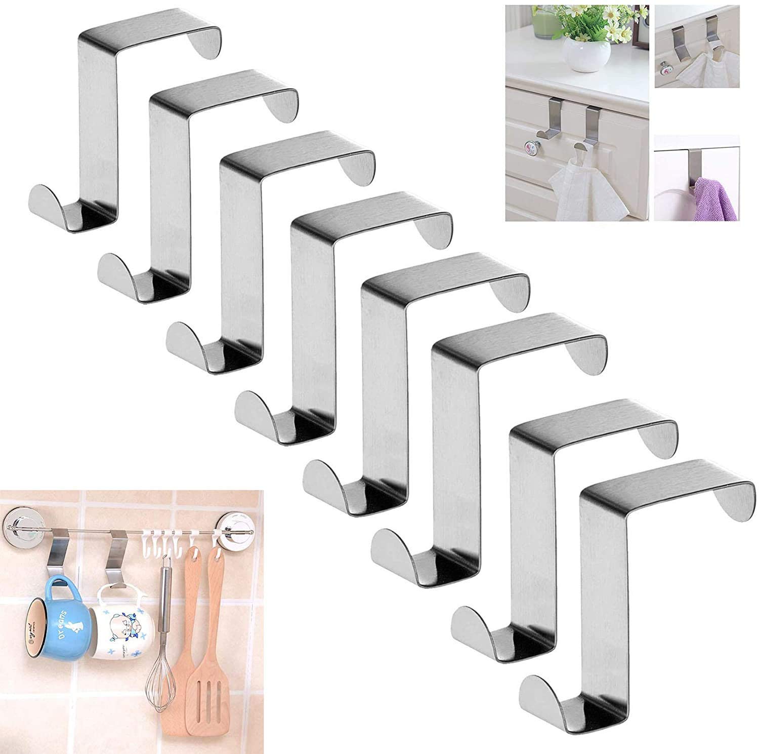 YFOX 8 Piece Set Z Shaped Reversible Heavy Duty Hanging Hook Double Headed Single Hanger for Door Cabinet Door Drawer Storage Shelves Up to 5kg Stainless Steel