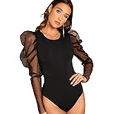 WDIRARA Women's Sheer Mesh Puff Long Sleeve Round Neck Skinny Bodysuit Top