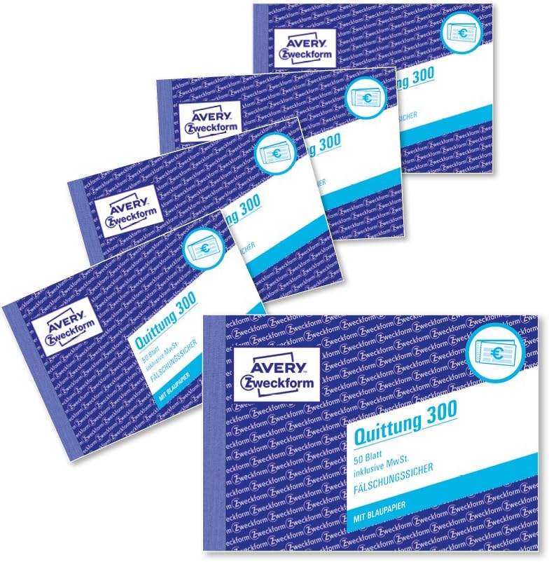 AVERY Zweckform 300-5 Quittungsblock (A6 quer, 50 Blatt, fälschungssicher, inkl. MwSt., mit 1 Blatt Blaupapier, für Deutschland und Österreich) 5er Pack weiß