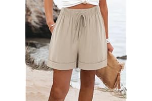 Womens Linen Shorts Summer Casual Drawstring High Waist Beach Shorts Wide Leg Loose Lightweight Vacation Clothes