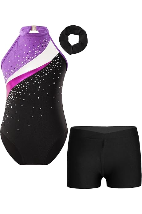 Hansber Kids Girls Gymnastics Training Leotard With Metallic Shorts Set Ballet Dance Unitard Yoga Purple 4 Hansber Kids Girls Gymnastics Training Leotard With Metallic Shorts Set Ballet Dance Unitard Yoga Purple 4