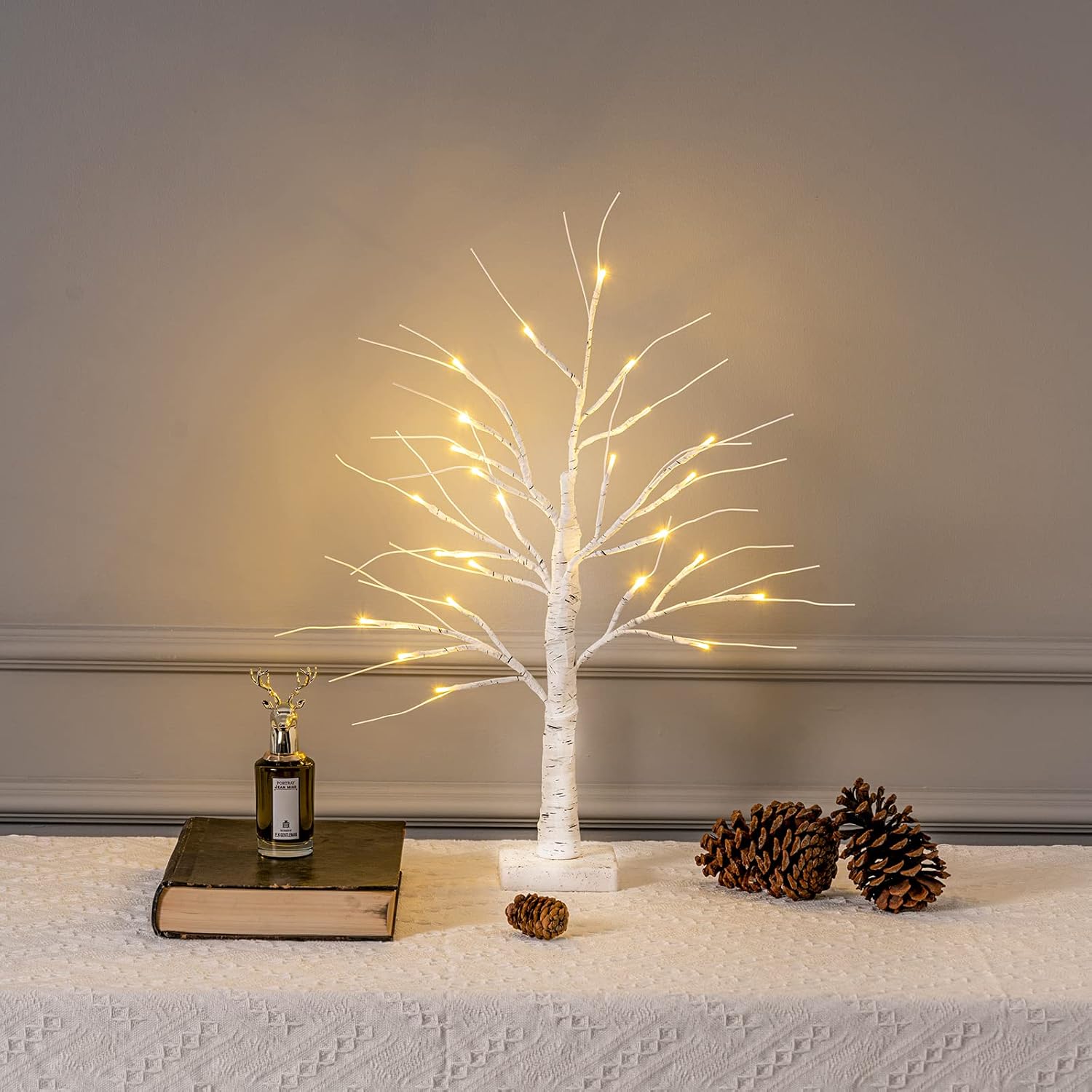 Trees - MEETYAMOR 2FT/24” Birch Tree Light with 24LT Warm White LED Battery Powered Timer for Christmas Decorations Indoor, Artificial Branch Money Trees for Xmas Winter Party Wedding Table Mantel Home Decor