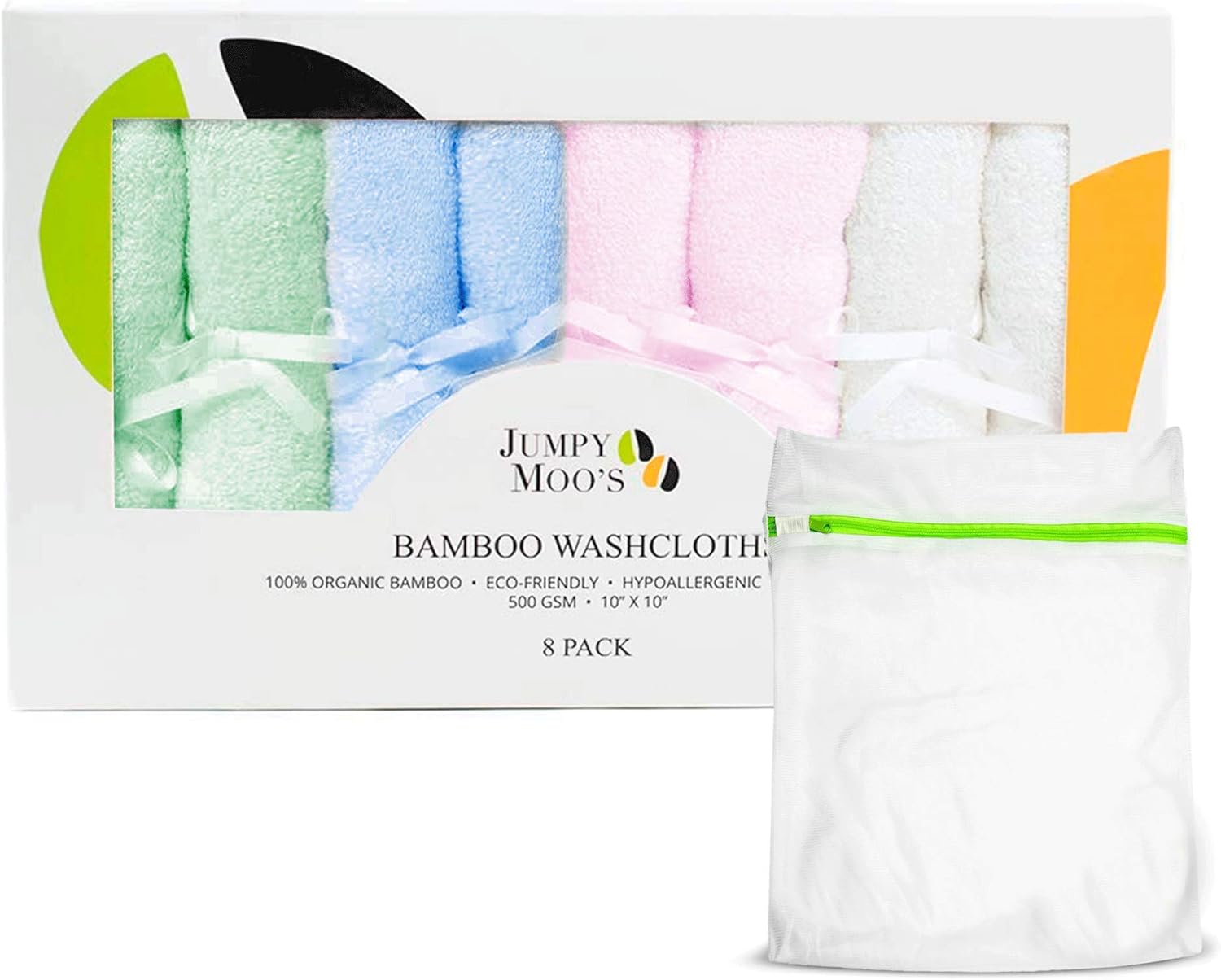 JM Baby Wash Cloths – Bamboo Face Cloth – Super Soft, Highly Absorbent, Hypoallergenic & Antibacterial Bamboo Flannel – Perfect for Babies and Adults – 10"x10" (Assorted, 8 Pack)