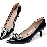 congliji Kitten Heels for Women 2 Inch Rhinestone Bow Pointed Toe High Heels Comfortable Leather Stiletto Pumps Wedding Party Dress Shoes