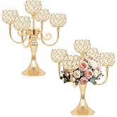 5 Arm Metal Crystal Candelabra Centerpiece - 13.4 Inch Elegant Candle Holder with Crystal Beads for Wedding Party Christmas Home Dining Table Decoration (2, Gold)