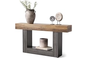 LITTLE TREE 63 Inches Long Console Table, 2-Tier Farmhouse Sofa Table Behind Couch, Large Narrow Entryway Table for Living Room, Wooden Hallway Foyer Table with Heavy Duty Base, Rustic Brown and Grey