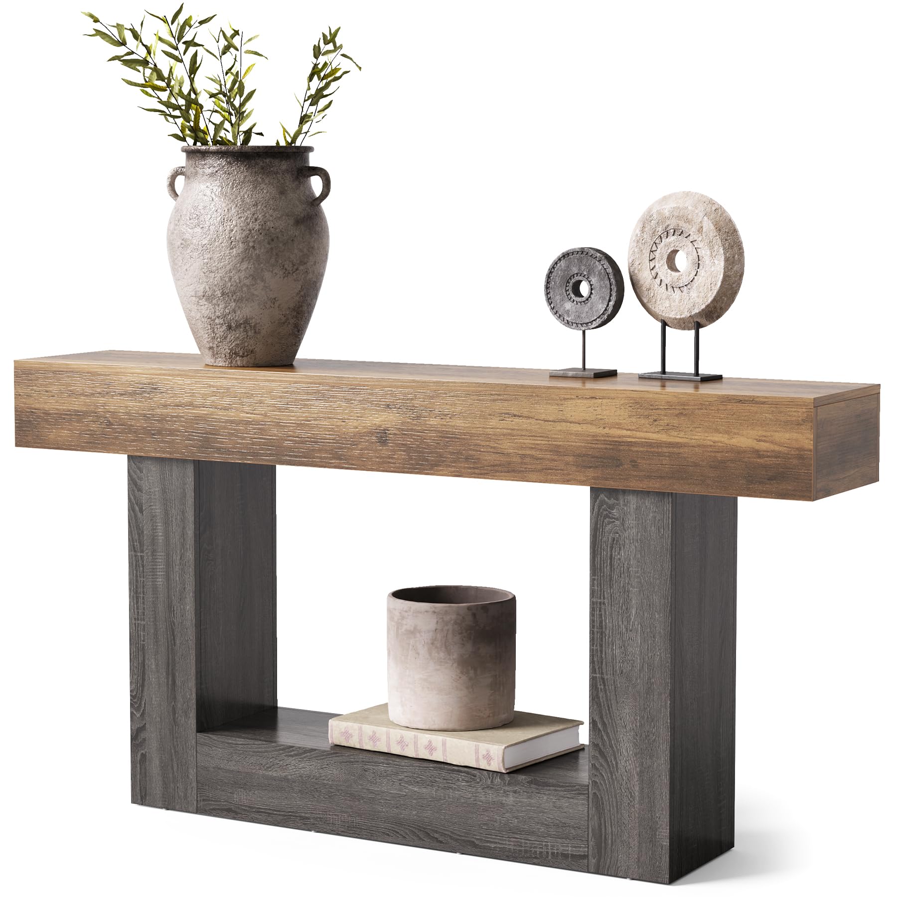 Photo 1 of LITTLE TREE 63 Inches Long Console Table, 2-Tier Farmhouse Sofa Table Behind Couch, Large Narrow Entryway Table for Living Room, Wooden Hallway Foyer Table with Heavy Duty Base, Rustic Brown and Grey