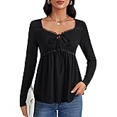 Rooscier Women's Sweetheart Neck Tie Knot Contrast Lace Ruched Long Sleeve Ruffle Blouse Top Shirt