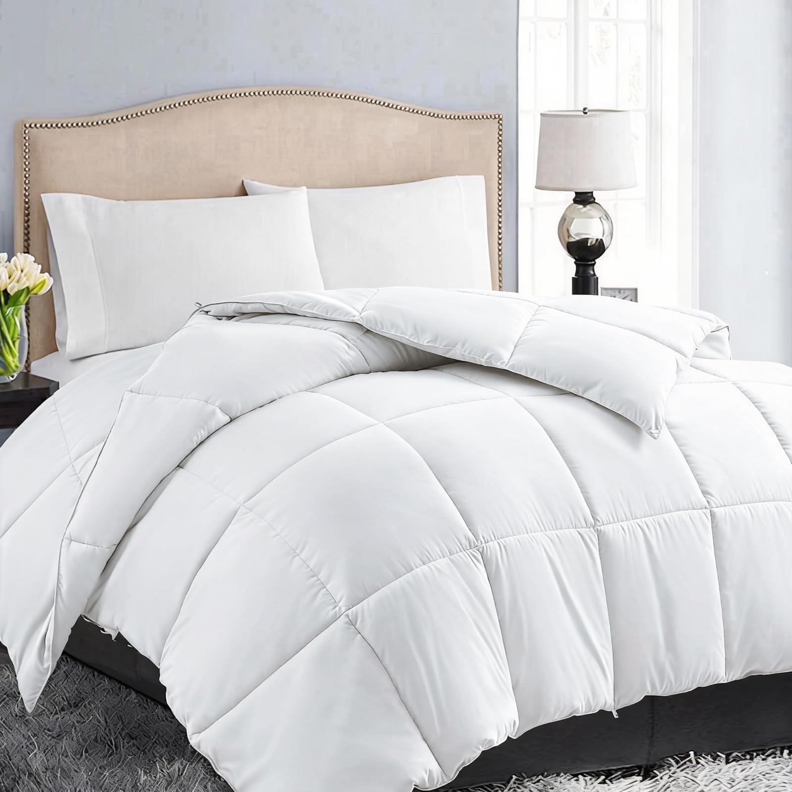 EASELAND Down Alternative Comforter King Size - Quilted Duvet Insert for All Seasons, Soft Cozy with Corner Tabs, Summer Winter Warm Bedding, Pure White 90x102 Image